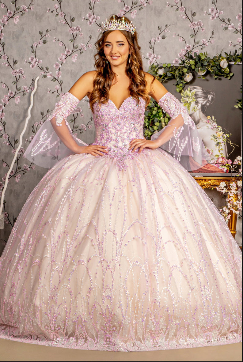 Jewel Sequin Mesh Ball Gown w/ Detachable Long Sleeves. GL3234 GLS by Gloria