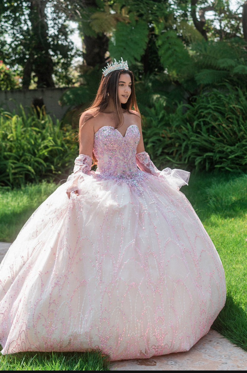 Jewel Sequin Mesh Ball Gown w/ Detachable Long Sleeves. GL3234 GLS by Gloria