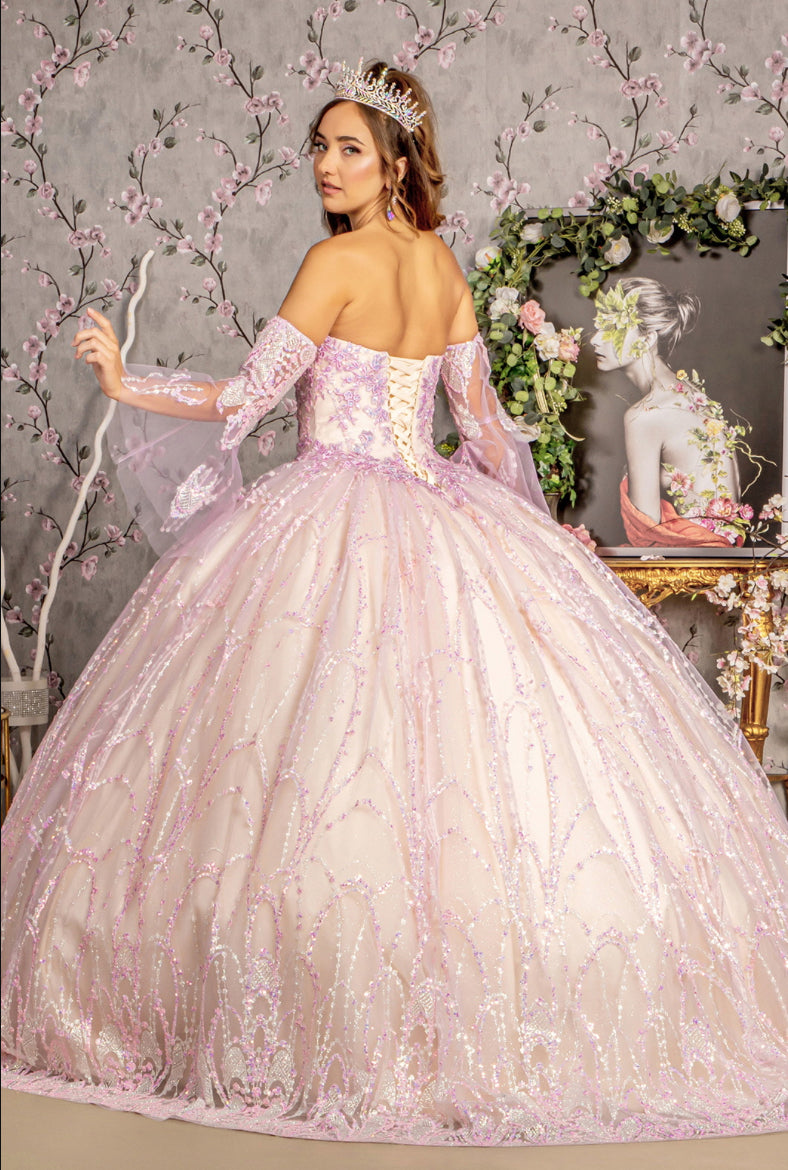 Jewel Sequin Mesh Ball Gown w/ Detachable Long Sleeves. GL3234 GLS by Gloria