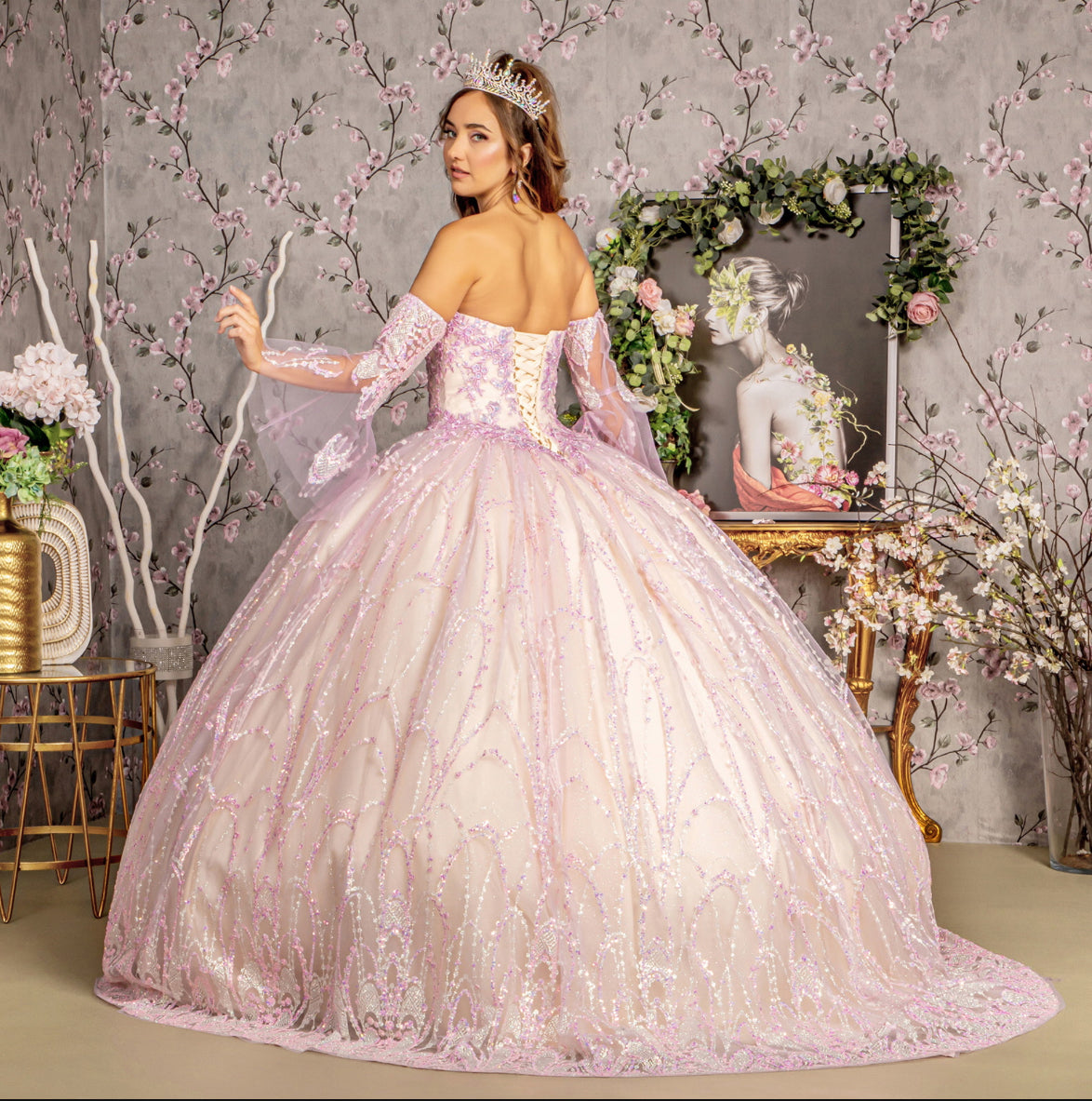 Jewel Sequin Mesh Ball Gown w/ Detachable Long Sleeves. GL3234 GLS by Gloria