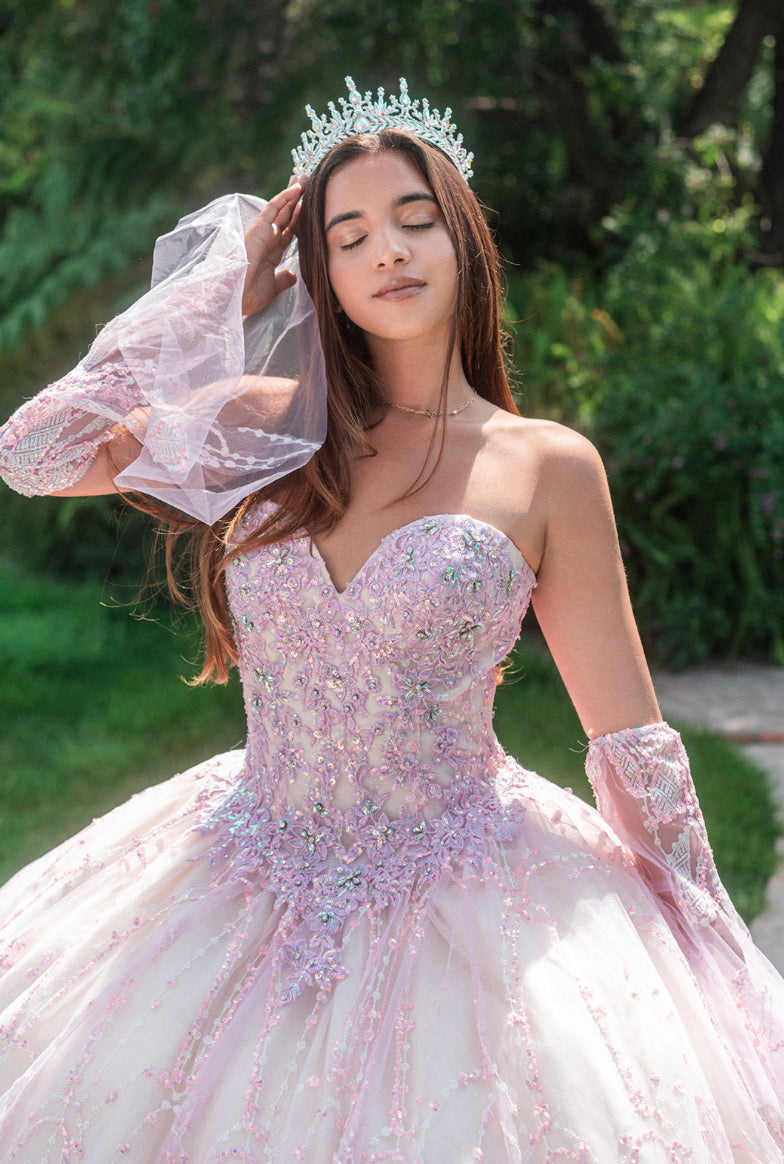Jewel Sequin Mesh Ball Gown w/ Detachable Long Sleeves. GL3234 GLS by Gloria
