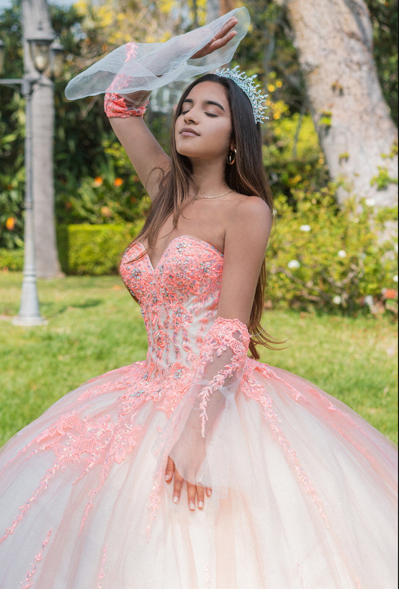 Jewel Sequin Sweetheart Mesh Ball Gown w/ Long Sheer Sleeves. Gl3235 GLS by Gloria