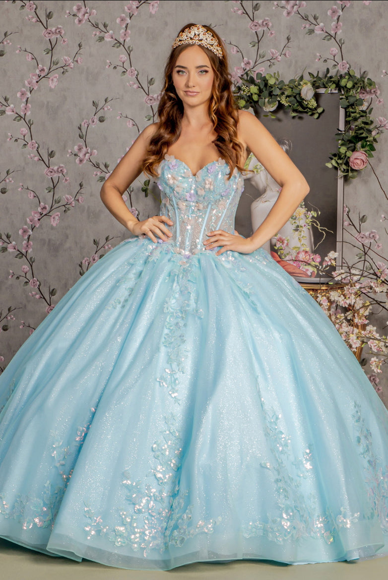 Corset Bodice Mesh Ball Gown 3-D Flower Embroidery Sheer. GL3332 GLS by Gloria