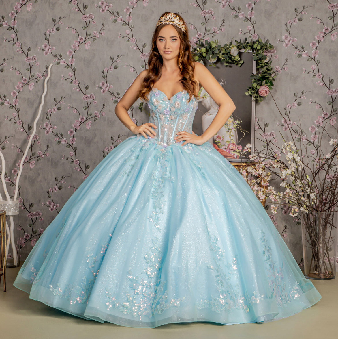 Corset Bodice Mesh Ball Gown 3-D Flower Embroidery Sheer. GL3332 GLS by Gloria