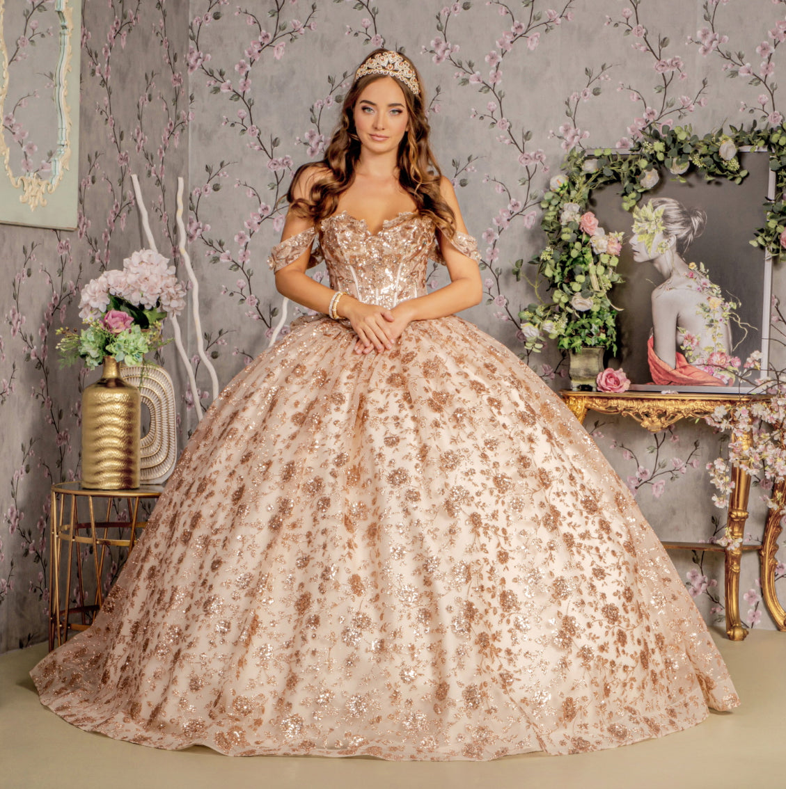 Metallic 3-D Flower Off Shoulder Mesh Ball Gown w/ Ruffled Back. GL3485 GLS By Gloria