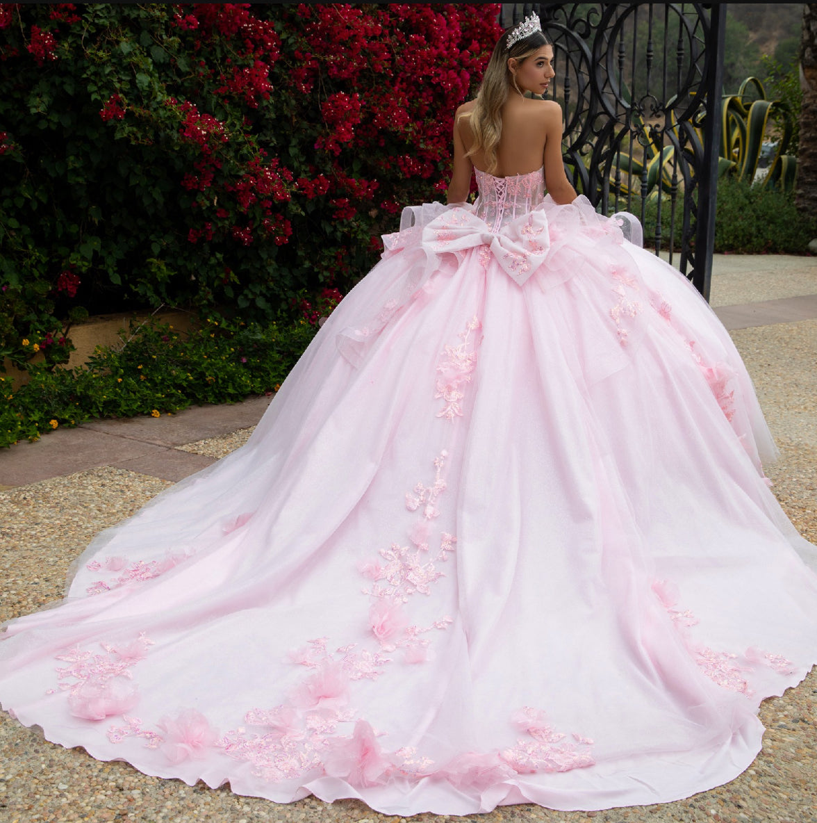 adorned with 3D flower appliques, beads, sequins, embroidery, and glitter. GL3549 GLS By Gloria