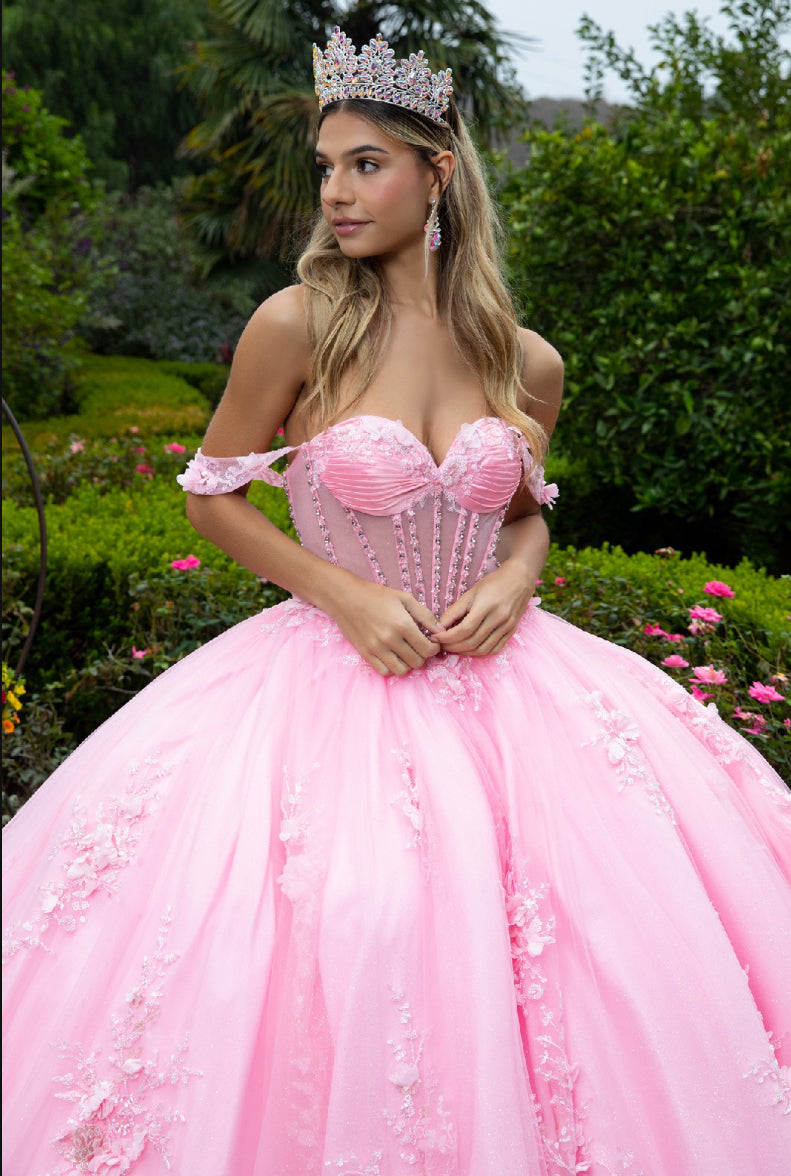 Gorgeously embellished with 3D flower appliques, and sequined this ball gown is floor-length with a train attached to the back. GL3576 GLS By Gloria