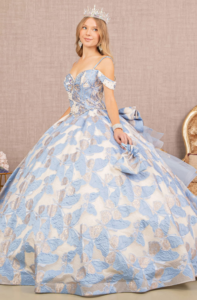 Ribbon Jewel Quinceanera Gown w/ Long Mesh Tail and Mini Bag Sky blue butterfly pattern designed all over the dress. GL3174 GLS by Elizabeth K