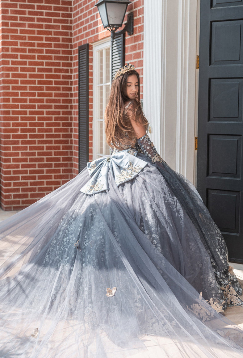 Metallic 3-D Butterfly Big Ribbon Mesh Ball Gown w/ Waist Drape. GL3318 GLS by Gloria