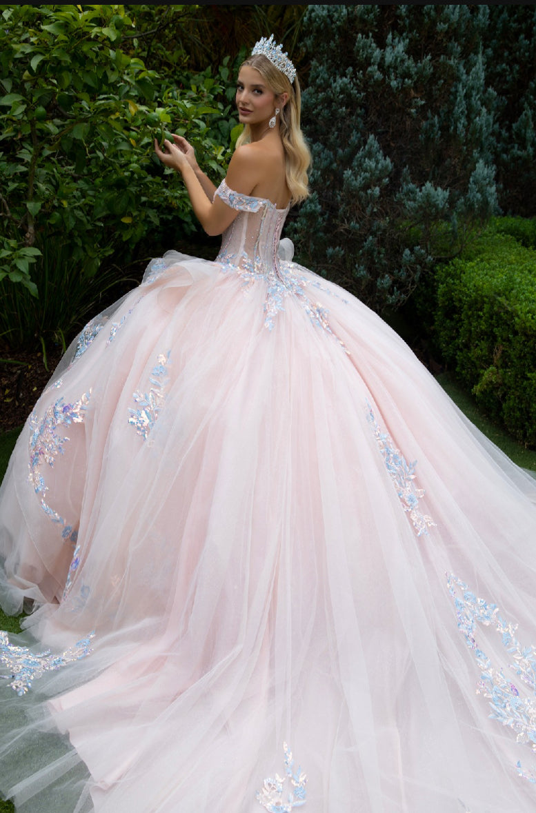 Ball gown has a v-neckline corset bodice that has a bead GL3596 GLS by Gloria