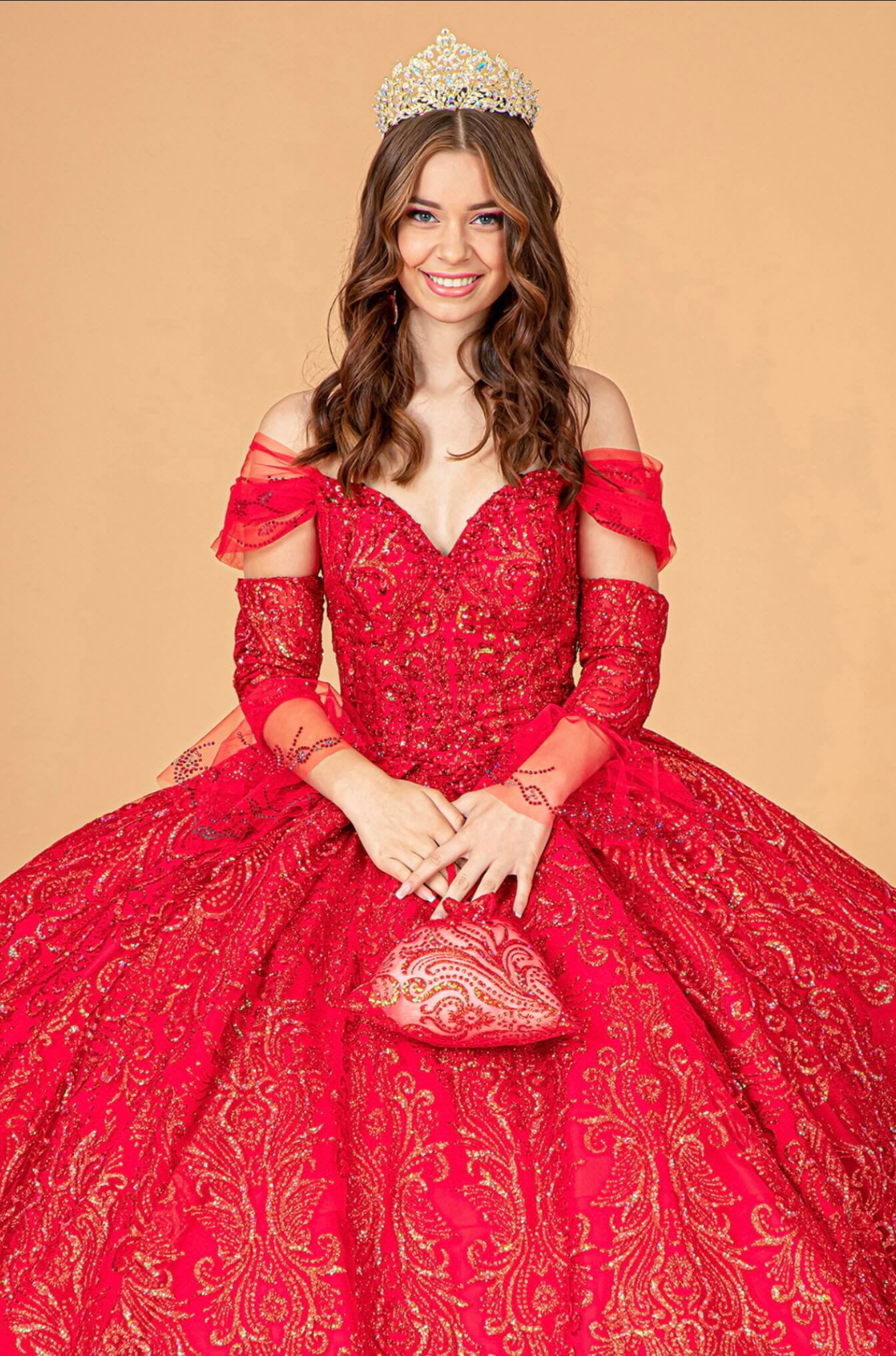 Jewel Mesh Quinceanera Dress w/ Mini Bag and Separate Long Sleeves by Elizabeth K GL3073 (GLS COLLECTIVE)