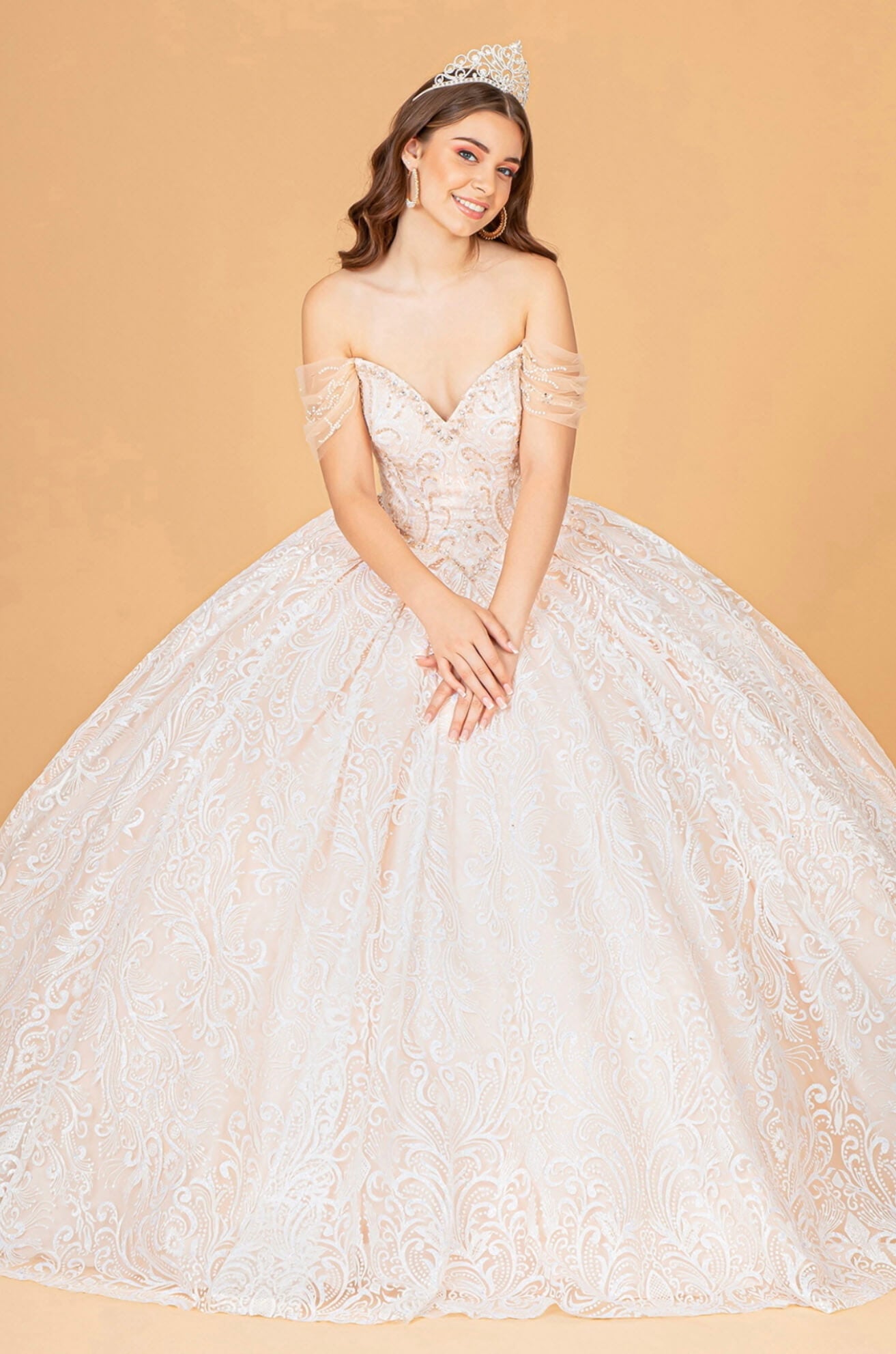Jewel Mesh Quinceanera Dress w/ Mini Bag and Separate Long Sleeves by Elizabeth K GL3073 (GLS COLLECTIVE)