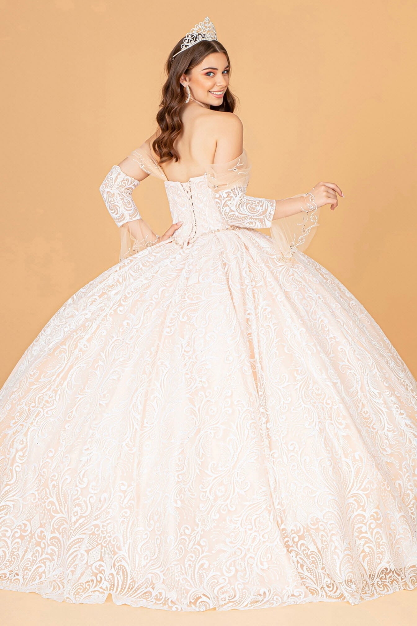 Jewel Mesh Quinceanera Dress w/ Mini Bag and Separate Long Sleeves by Elizabeth K GL3073 (GLS COLLECTIVE)