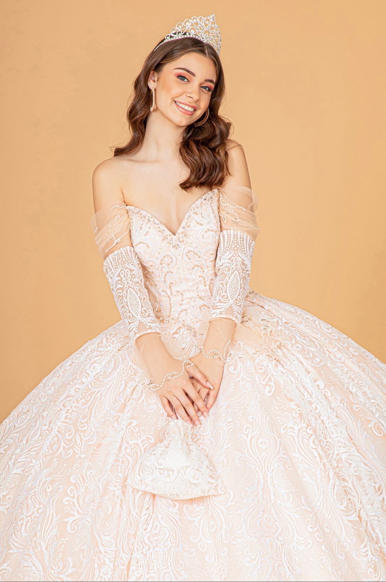 Jewel Mesh Quinceanera Dress w/ Mini Bag and Separate Long Sleeves by Elizabeth K GL3073 (GLS COLLECTIVE)