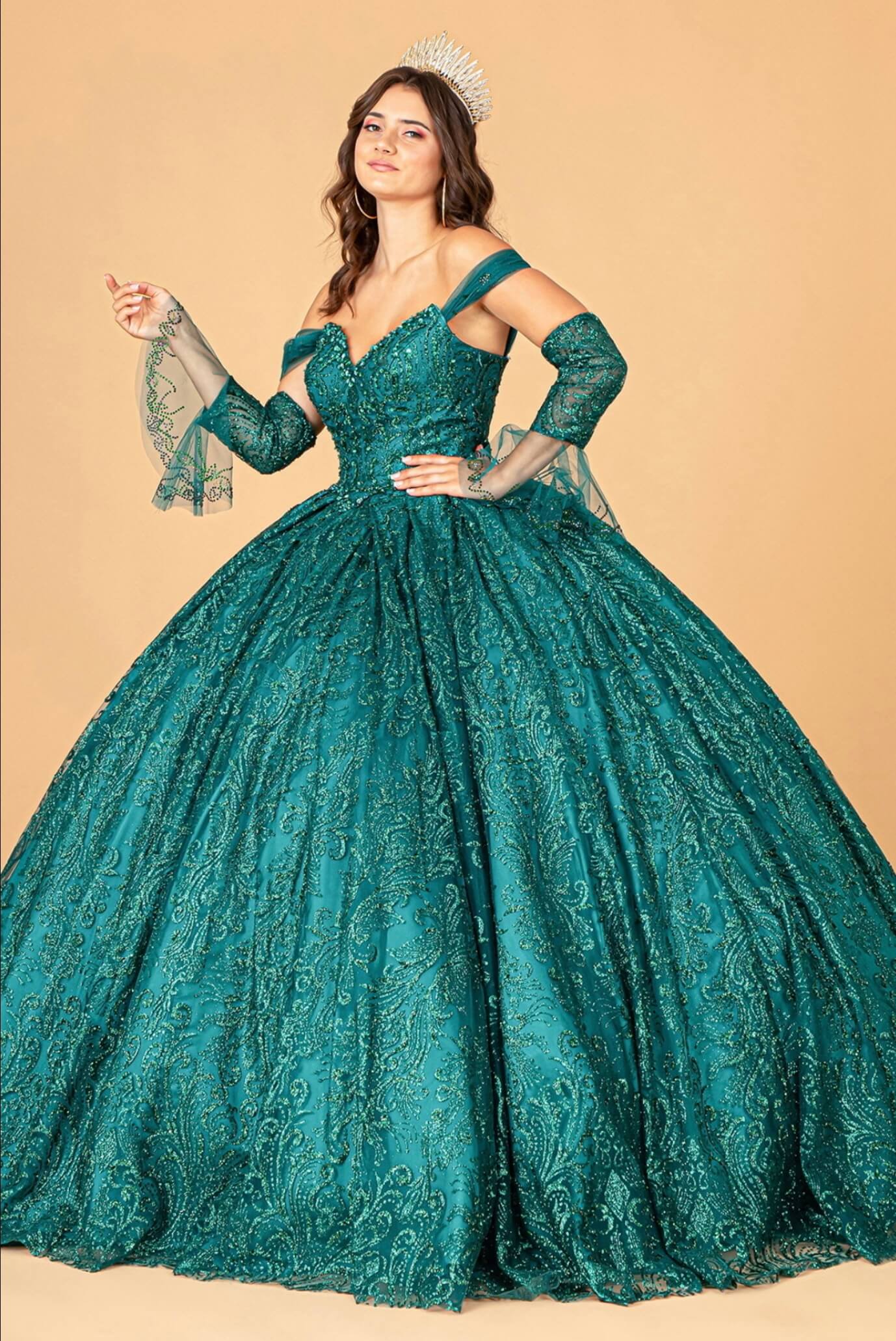Jewel Mesh Quinceanera Dress w/ Mini Bag and Separate Long Sleeves by Elizabeth K GL3073 (GLS COLLECTIVE)