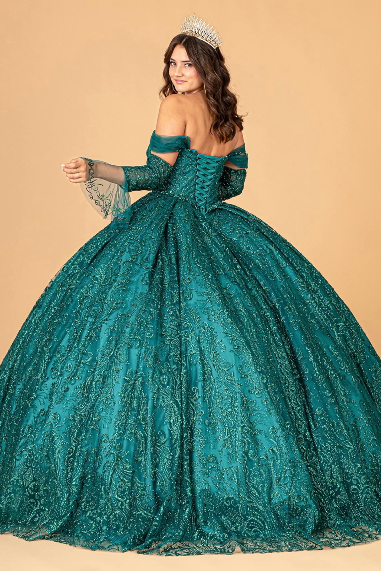 Jewel Mesh Quinceanera Dress w/ Mini Bag and Separate Long Sleeves by Elizabeth K GL3073 (GLS COLLECTIVE)