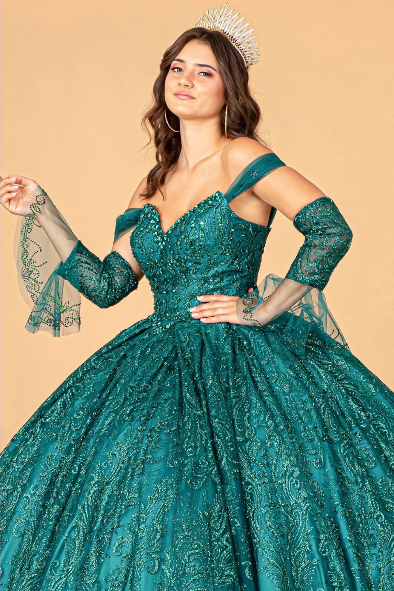 Jewel Mesh Quinceanera Dress w/ Mini Bag and Separate Long Sleeves by Elizabeth K GL3073 (GLS COLLECTIVE)