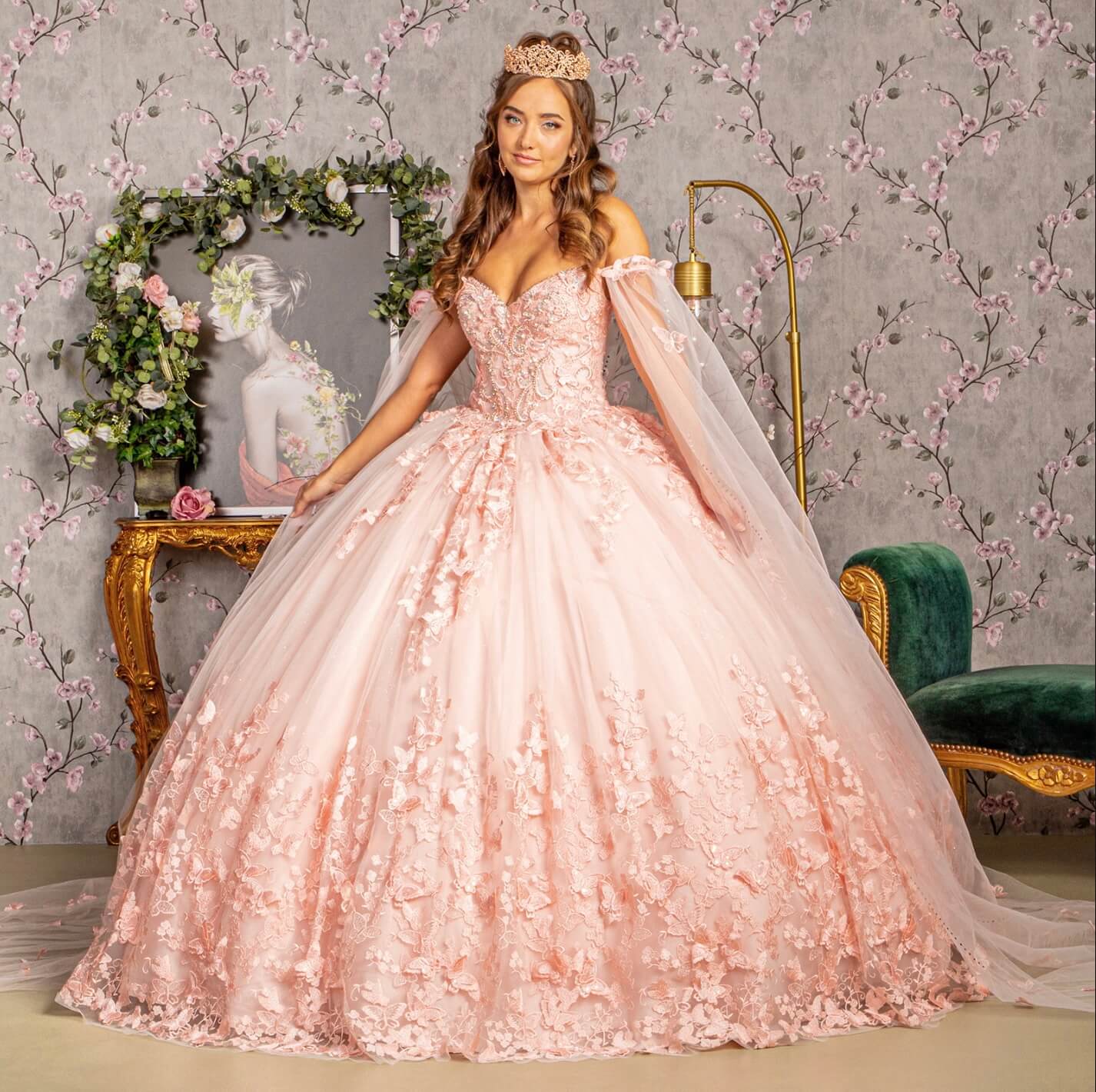 3D Butterfly Applique Glitter Quinceanera Gown w/ Long Mesh Layer GL3110 (GLS) by Elizabeth K