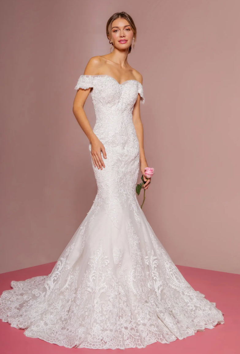 Cut-Away Shoulder Embroidered Mesh Mermaid Wedding Gown If you like the romantic style. GL2594 GLS BY GLORIA
