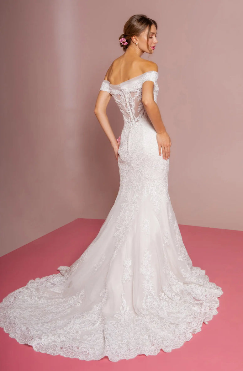 Cut-Away Shoulder Embroidered Mesh Mermaid Wedding Gown If you like the romantic style. GL2594 GLS BY GLORIA