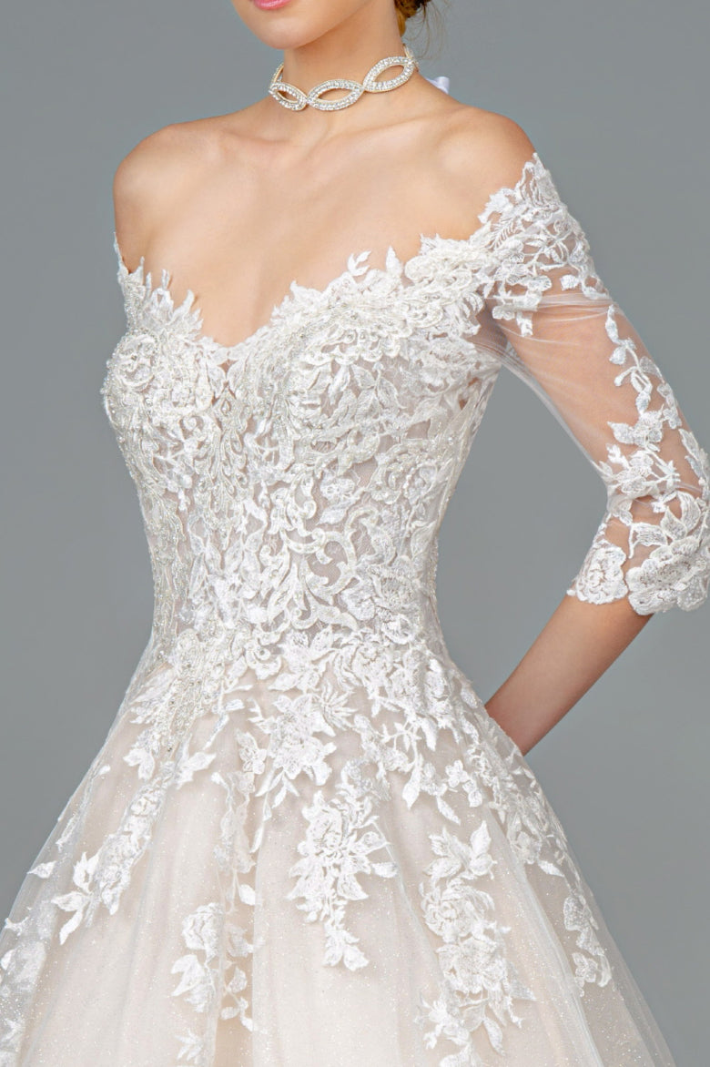 Embroidered Glitter Mesh V-Neck Wedding Gown w/ 1/2 Sleeve. GL1803 GLS BY GLORIA