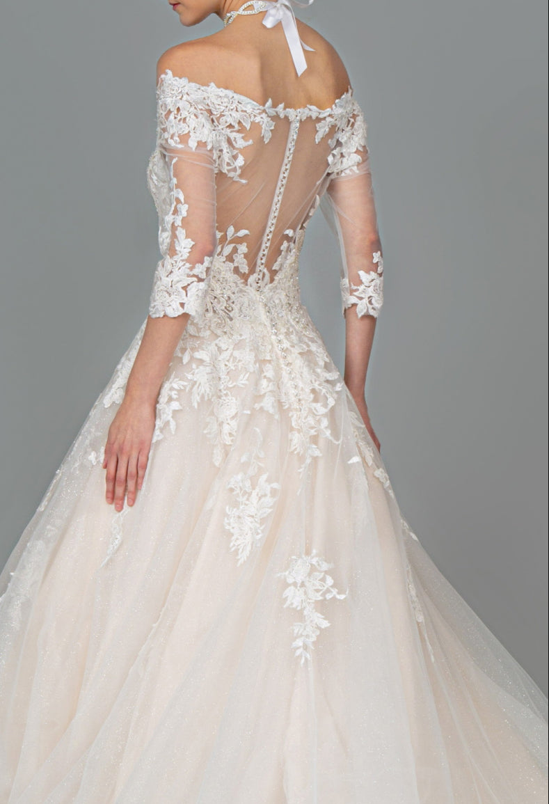 Embroidered Glitter Mesh V-Neck Wedding Gown w/ 1/2 Sleeve. GL1803 GLS BY GLORIA