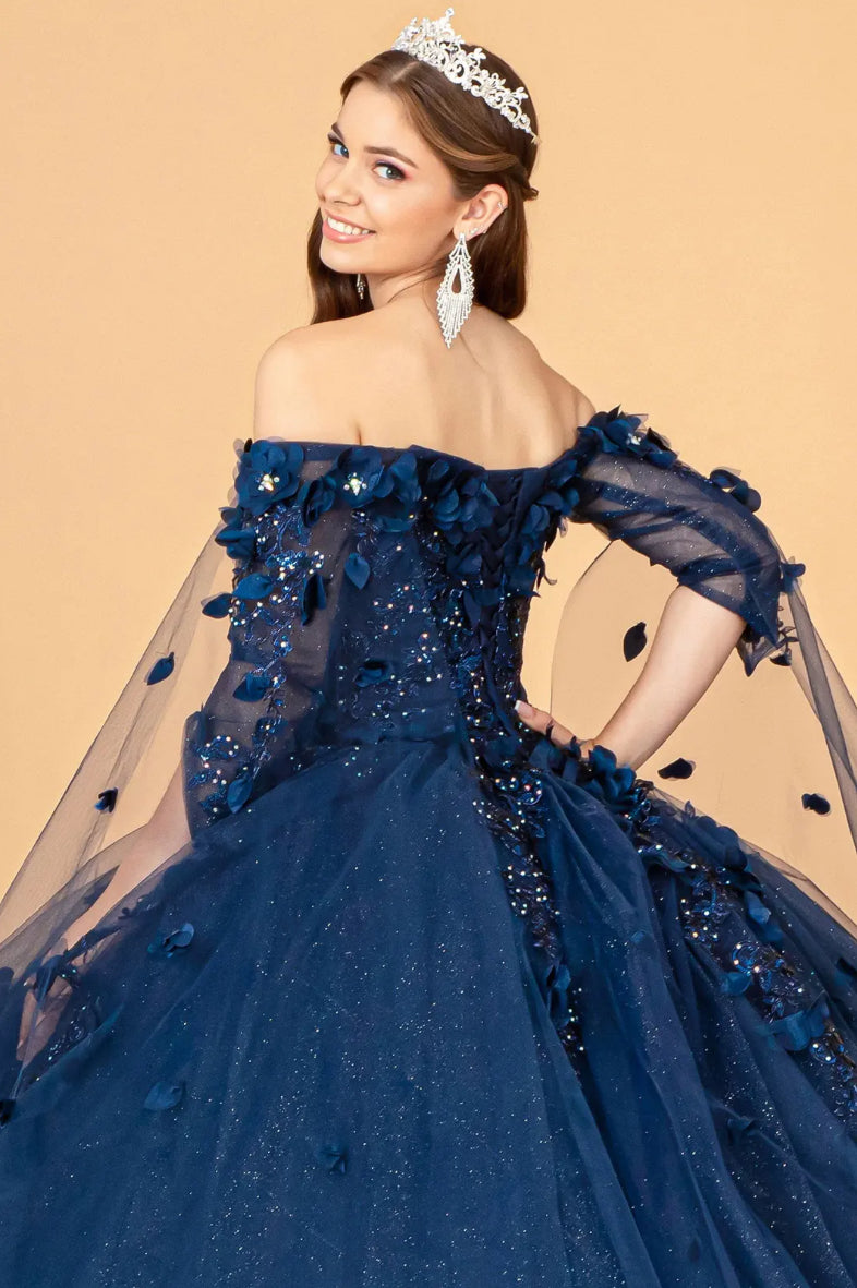 Off Shoulder Mesh Quinceanera Gown w/ Shoulder Side Mesh Drapes. GL3075 GLS BY ELIZABETH K