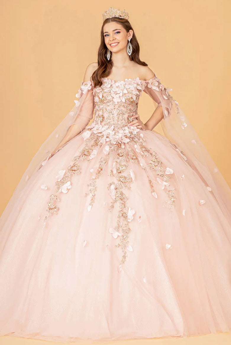 Off Shoulder Mesh Quinceanera Gown w/ Shoulder Side Mesh Drapes. GL3075 GLS BY ELIZABETH K
