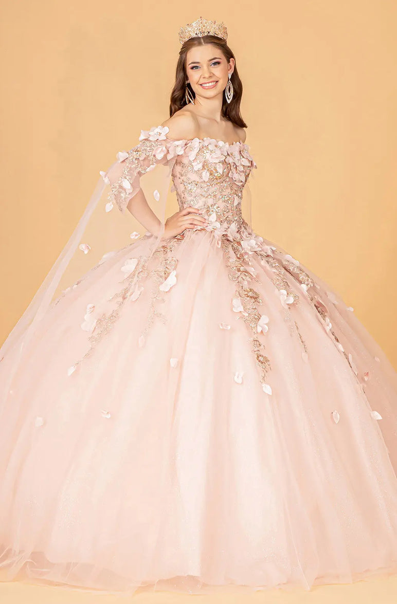 Off Shoulder Mesh Quinceanera Gown w/ Shoulder Side Mesh Drapes. GL3075 GLS BY ELIZABETH K