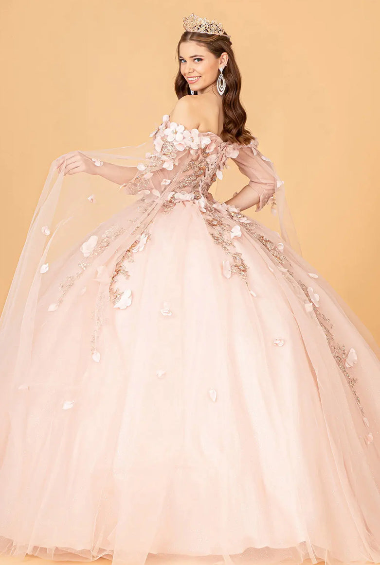 Off Shoulder Mesh Quinceanera Gown w/ Shoulder Side Mesh Drapes. GL3075 GLS BY ELIZABETH K