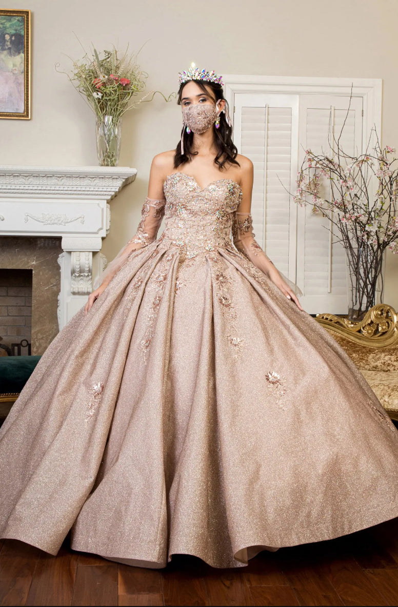 Sweethearted Ruffle Tail Quinceanera Dress w/ Detached Mesh Sleeve - Mask Not Included. GL1912 BY ELIZABETH K