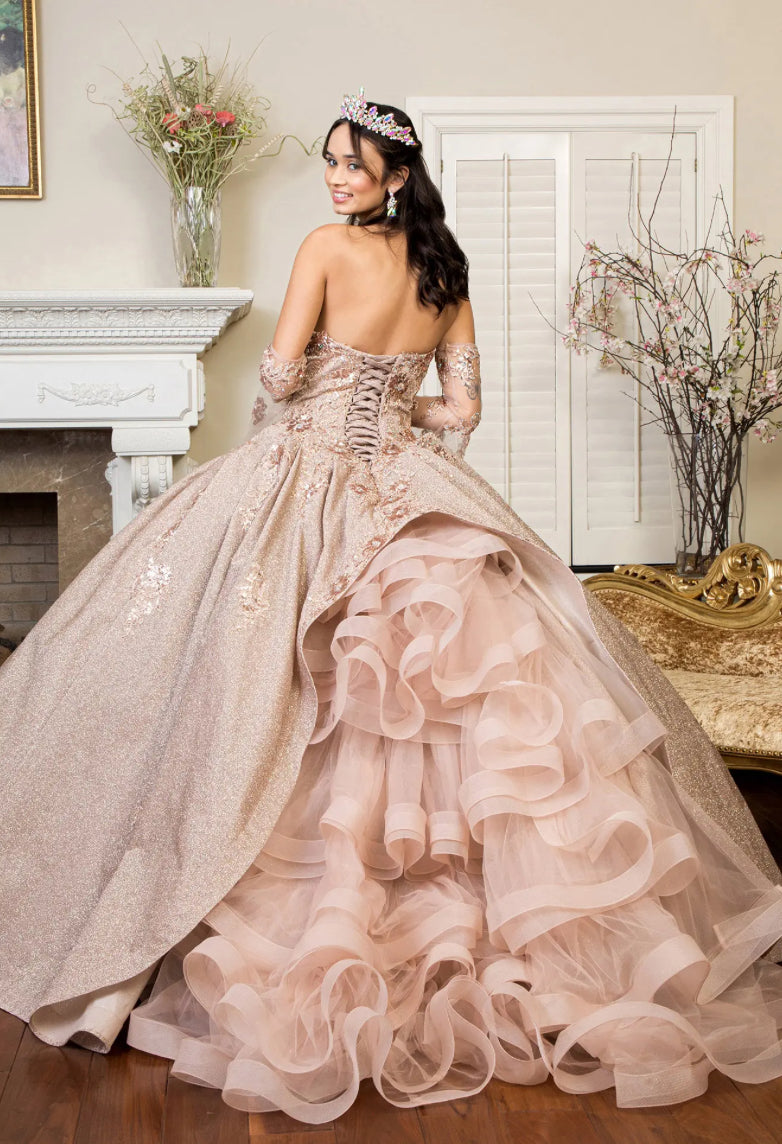 Sweethearted Ruffle Tail Quinceanera Dress w/ Detached Mesh Sleeve - Mask Not Included. GL1912 BY ELIZABETH K