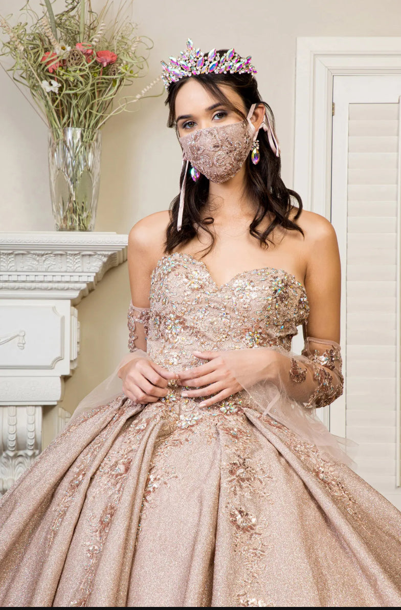 Sweethearted Ruffle Tail Quinceanera Dress w/ Detached Mesh Sleeve - Mask Not Included. GL1912 BY ELIZABETH K