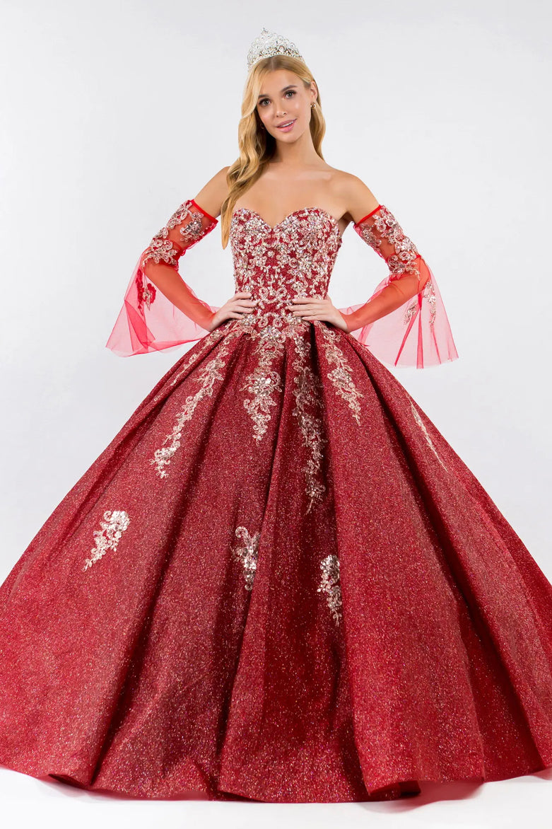 Sweethearted Ruffle Tail Quinceanera Dress w/ Detached Mesh Sleeve - Mask Not Included. GL1912 BY ELIZABETH K