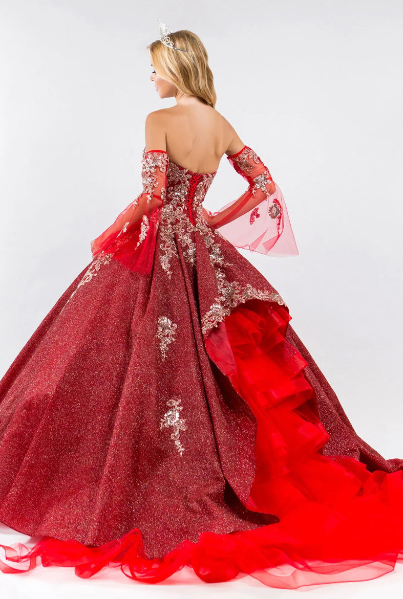 Sweethearted Ruffle Tail Quinceanera Dress w/ Detached Mesh Sleeve - Mask Not Included. GL1912 BY ELIZABETH K