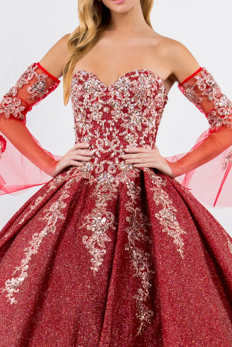 Sweethearted Ruffle Tail Quinceanera Dress w/ Detached Mesh Sleeve - Mask Not Included. GL1912 BY ELIZABETH K
