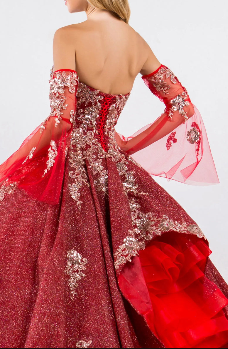 Sweethearted Ruffle Tail Quinceanera Dress w/ Detached Mesh Sleeve - Mask Not Included. GL1912 BY ELIZABETH K