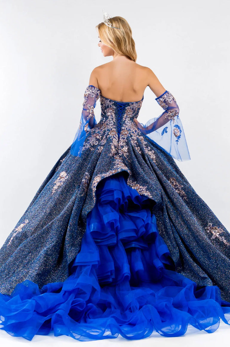 Sweethearted Ruffle Tail Quinceanera Dress w/ Detached Mesh Sleeve - Mask Not Included. GL1912 BY ELIZABETH K