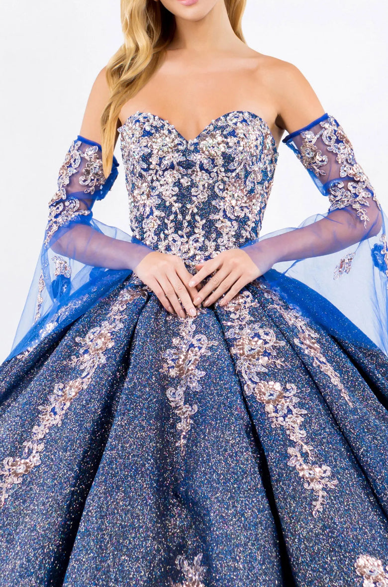 Sweethearted Ruffle Tail Quinceanera Dress w/ Detached Mesh Sleeve - Mask Not Included. GL1912 BY ELIZABETH K