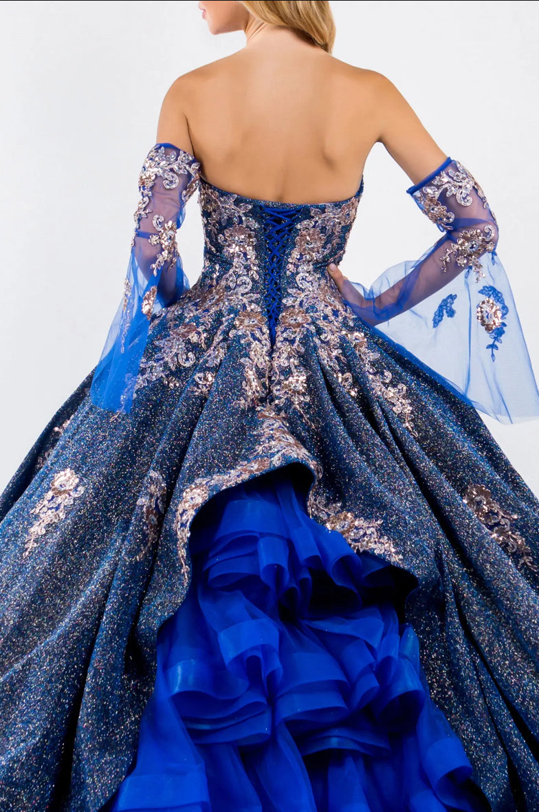 Sweethearted Ruffle Tail Quinceanera Dress w/ Detached Mesh Sleeve - Mask Not Included. GL1912 BY ELIZABETH K