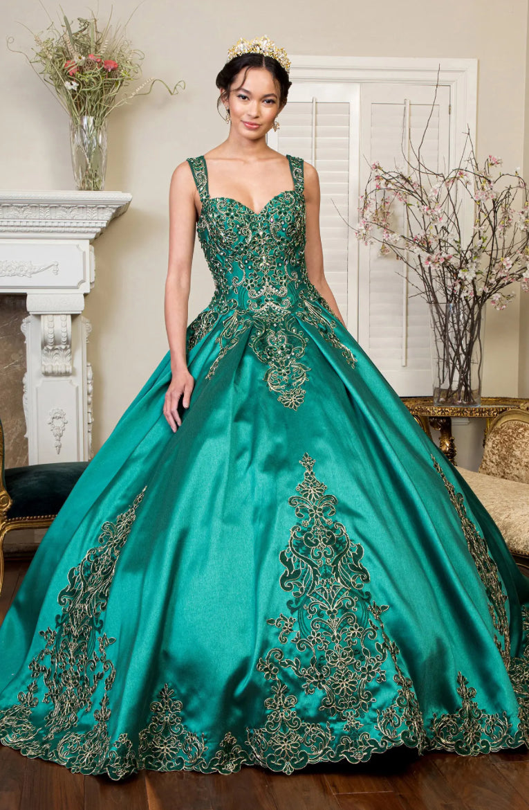 Embroidered Mesh Strap Satin Quinceanera Dress w/ Mesh Tail. GL1930 BY ELIZABETH K