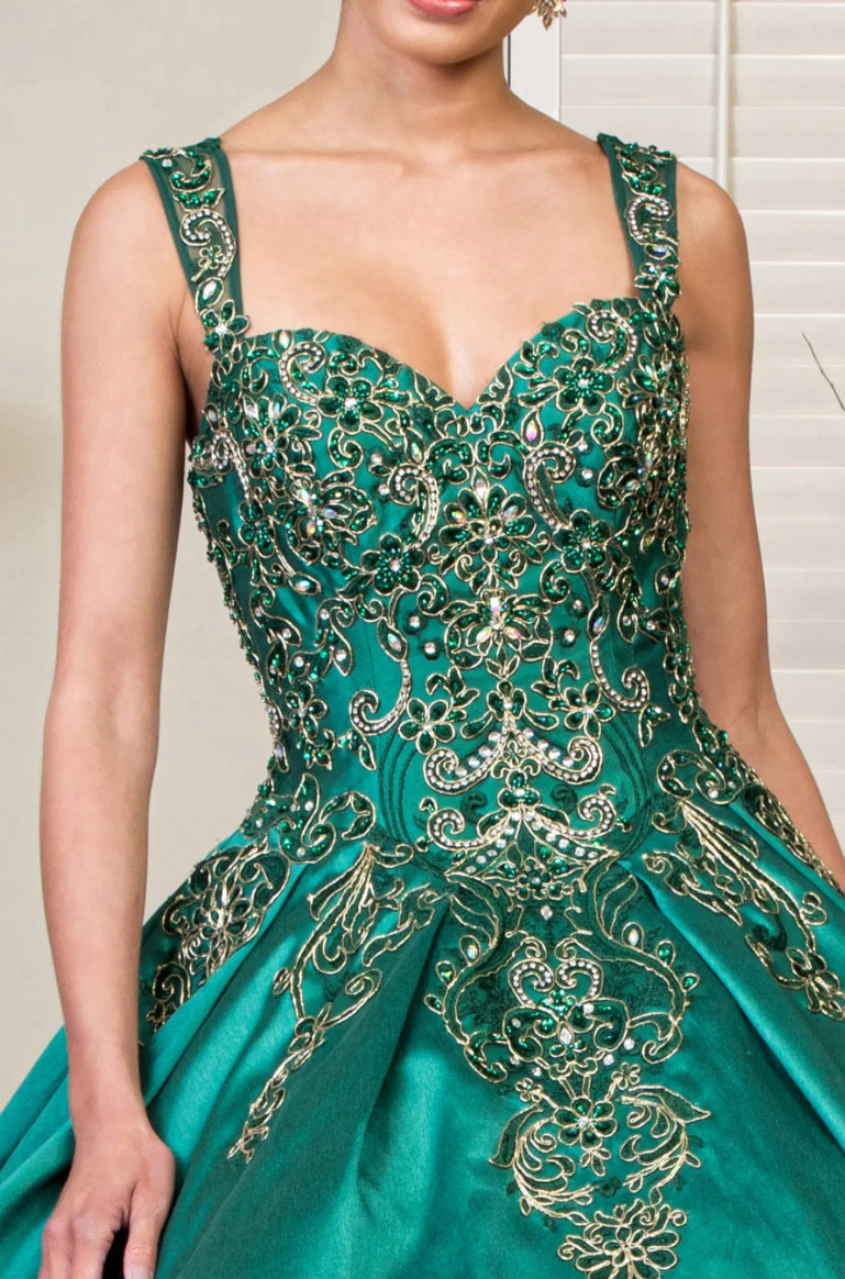 Embroidered Mesh Strap Satin Quinceanera Dress w/ Mesh Tail. GL1930 BY ELIZABETH K