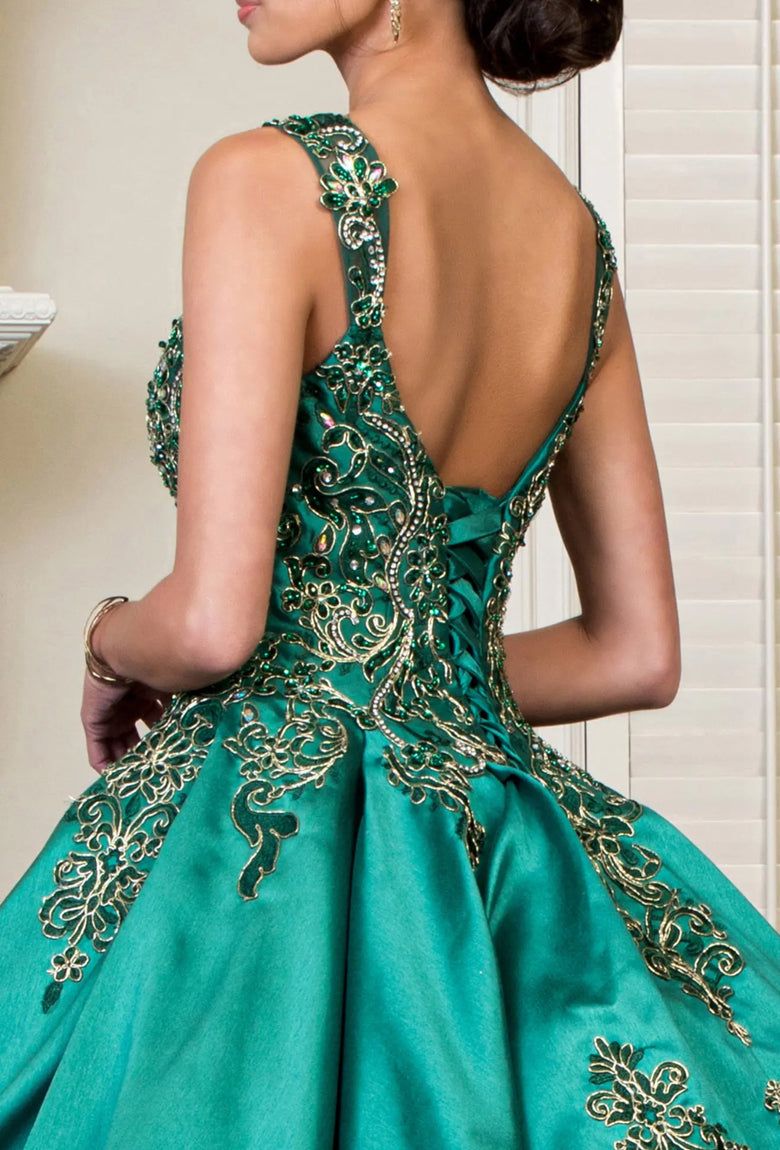 Embroidered Mesh Strap Satin Quinceanera Dress w/ Mesh Tail. GL1930 BY ELIZABETH K