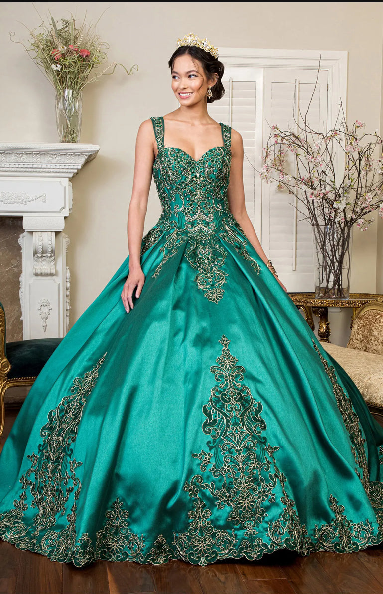 Embroidered Mesh Strap Satin Quinceanera Dress w/ Mesh Tail. GL1930 BY ELIZABETH K