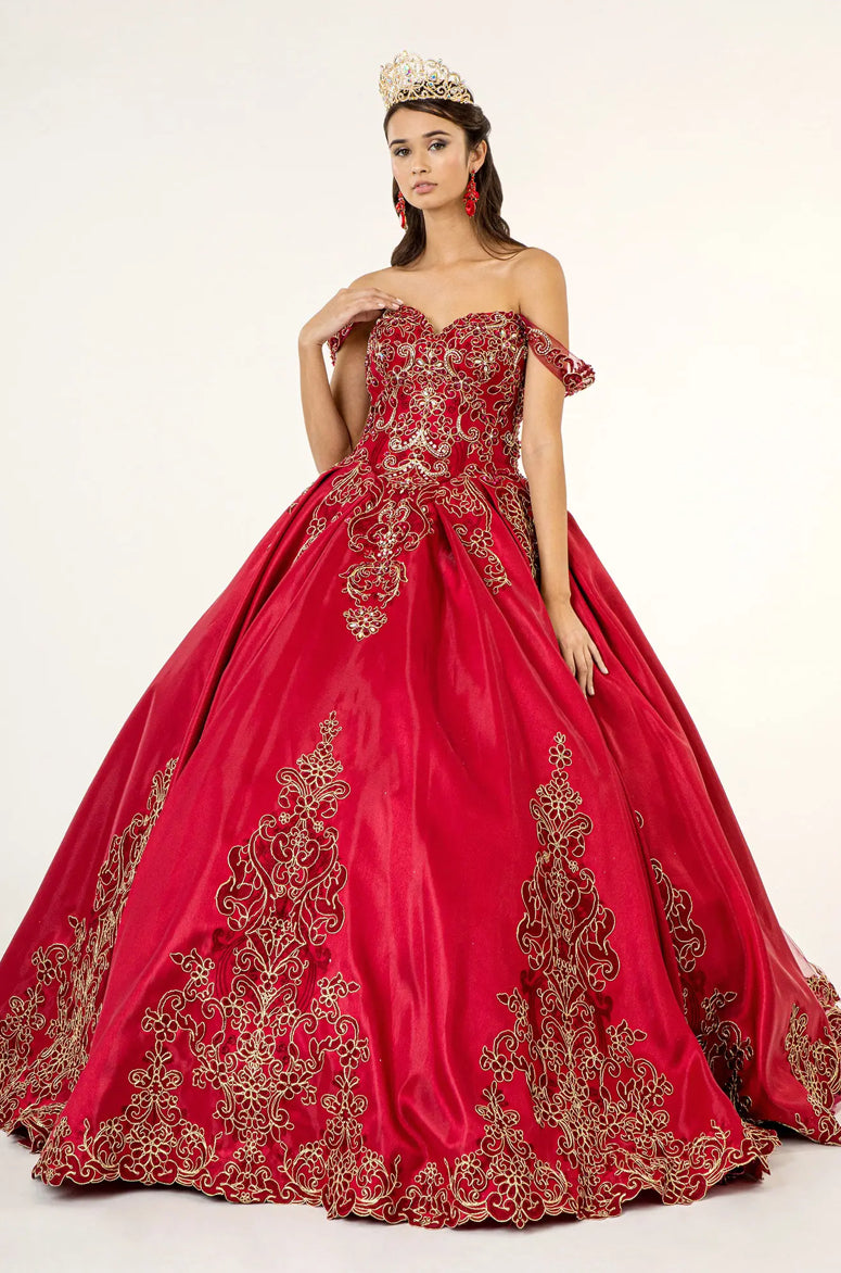 Embroidered Mesh Strap Satin Quinceanera Dress w/ Mesh Tail. GL1930 BY ELIZABETH K