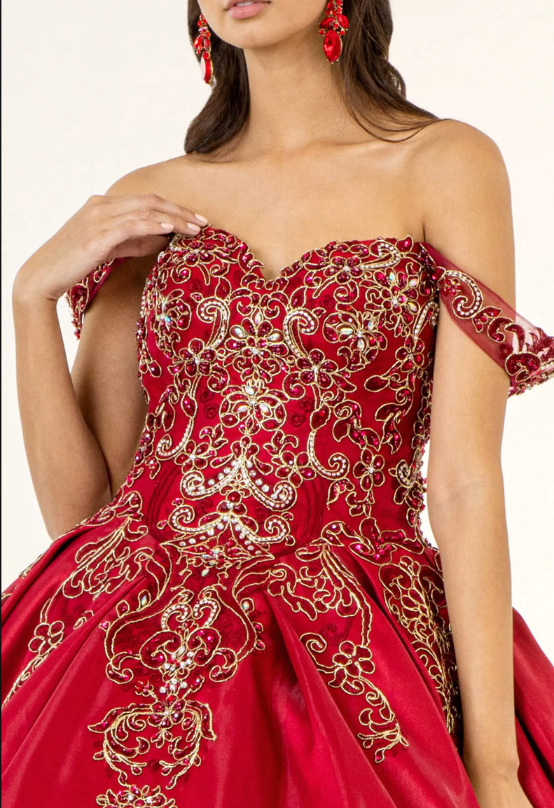 Embroidered Mesh Strap Satin Quinceanera Dress w/ Mesh Tail. GL1930 BY ELIZABETH K