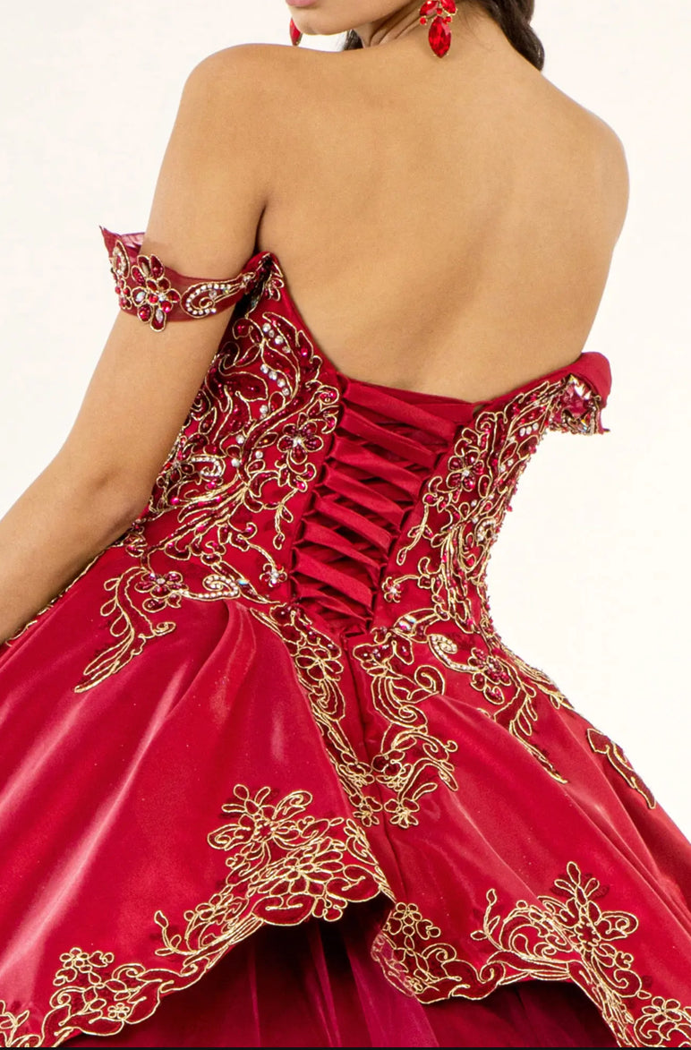 Embroidered Mesh Strap Satin Quinceanera Dress w/ Mesh Tail. GL1930 BY ELIZABETH K