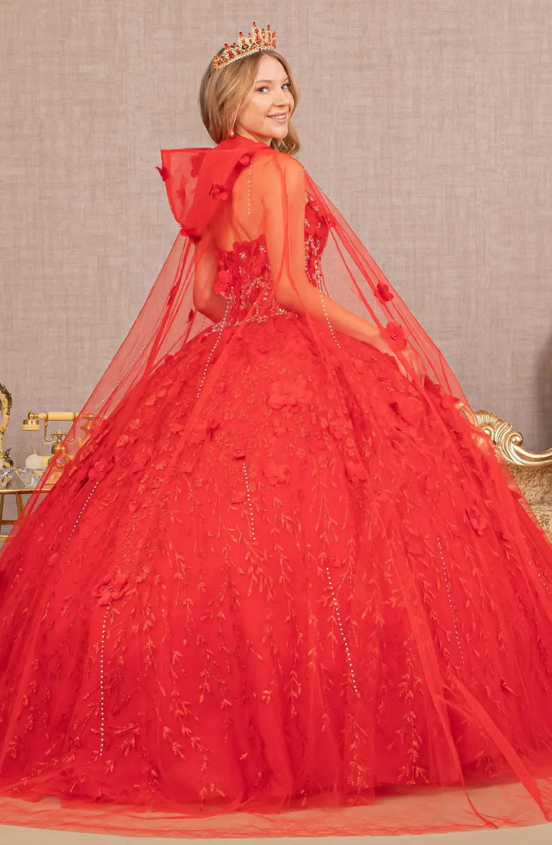 Sweetheart Neckline Beads and Jewel Embellished Bodice Quinceanera Dress w/ Mesh Cape. Gl1939 by ELIZABETH K