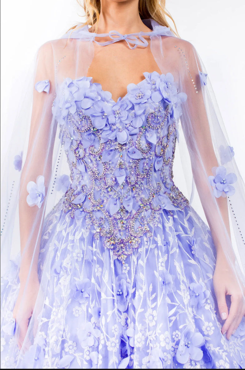 Sweetheart Neckline Beads and Jewel Embellished Bodice Quinceanera Dress w/ Mesh Cape. Gl1939 by ELIZABETH K