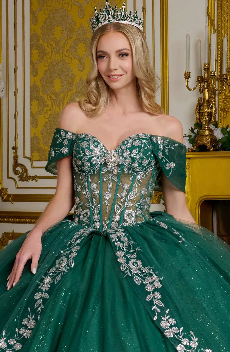 This ball gown features detachable off-the-shoulder straps adorned with jewels. GL3636 BY ELIZABETH K